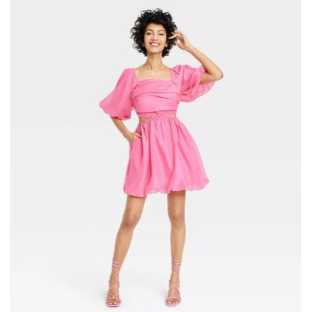 A New Day Puff Short Sleeve Cut Out Bubble A-Line Dress -BARBIE PINK - Sz LARGE